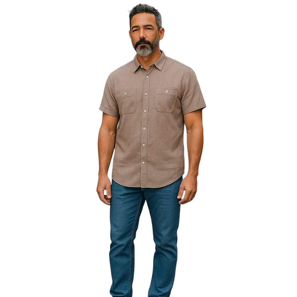 Holton Canvas Cloth Button Up Men 3xl Slub Cotton Short Sleeve Tan